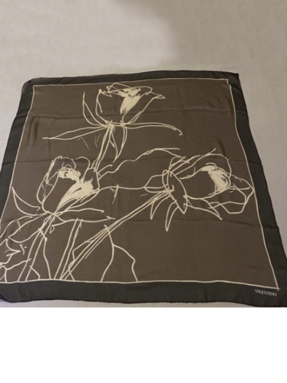 Valentino | Silk Scarf w/Abstract Roses Drawing in Brown, Cream & Black EUC
